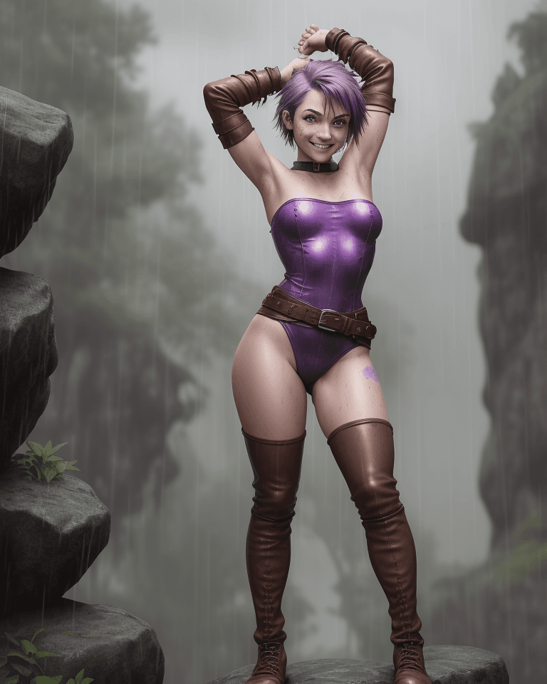 AI generated: image of a rogue girl in a D&D world, standing on a boulder in the rain, soaking wet, mischievous gr...