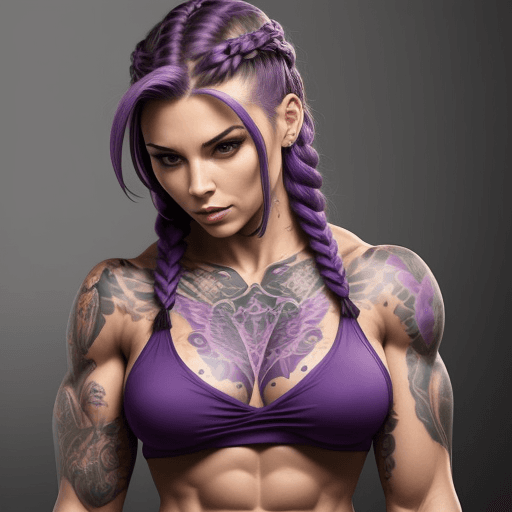 AI generated: muscular woman, tattoos, purple braided hair