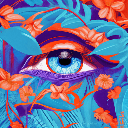 AI generated: a  painting of an eye with purple and orange flowers, in the style of james jean, mysterious jungle,...