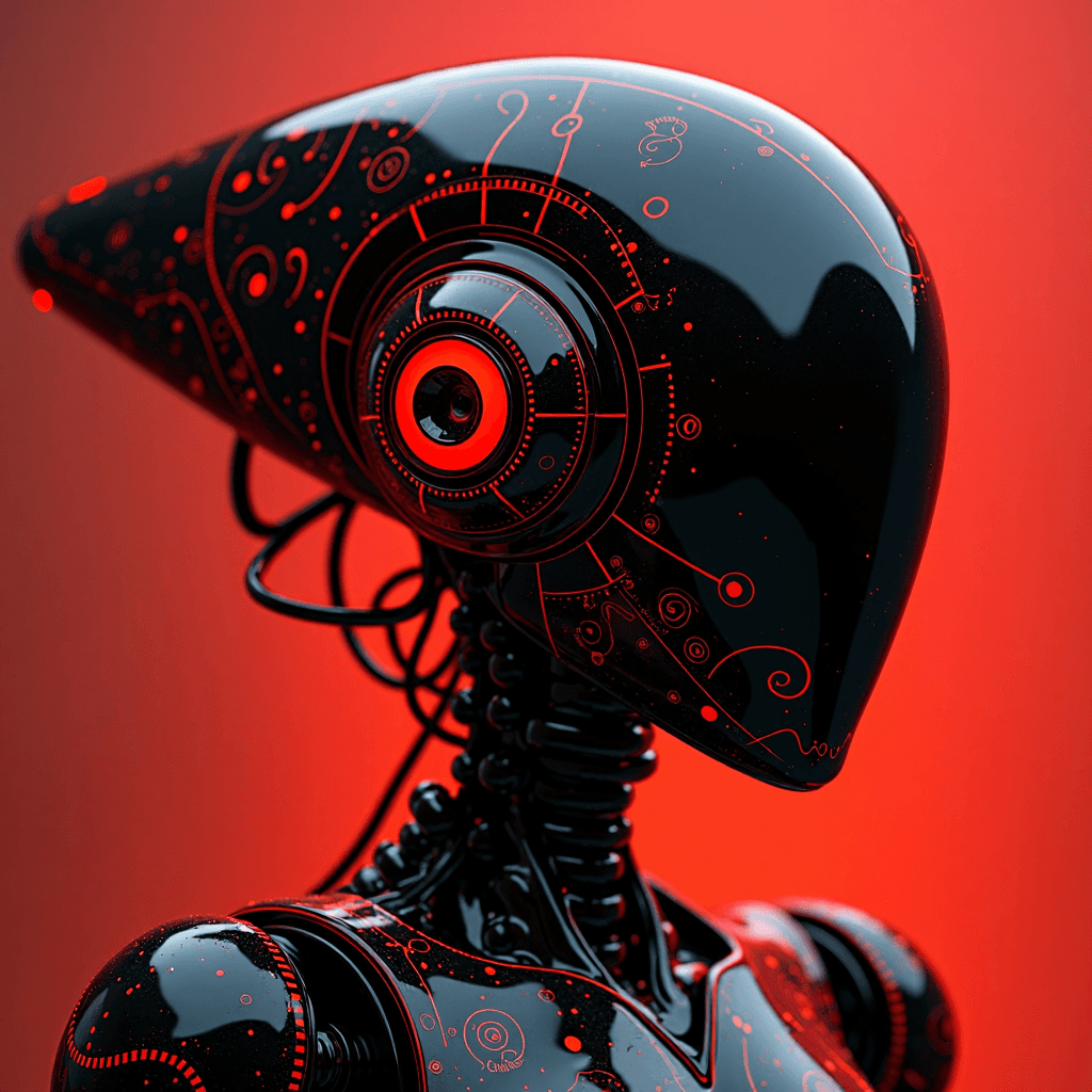 AI generated: a robot designed by Jackson Pollock (black with red color accents,occult satanic goth glyphs glowing...