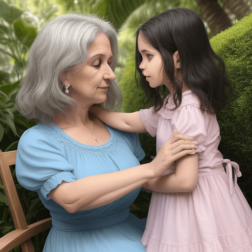 AI generated: Mãe abraçando sua filha. estão no jardim. Mão de 30 anos, cabelo curto e de vestido. filha de 7 anos...