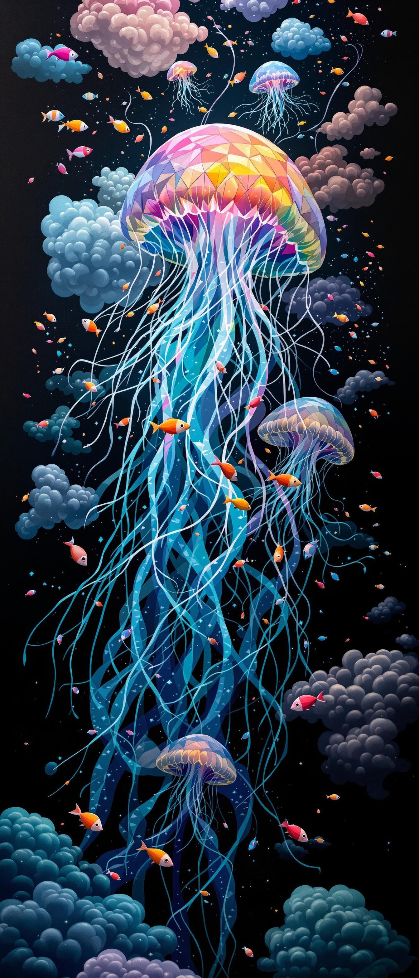 AI generated: a 3d painting of jellyfish with colorful fish and clouds, in the style of dark and chaotic, light bl...