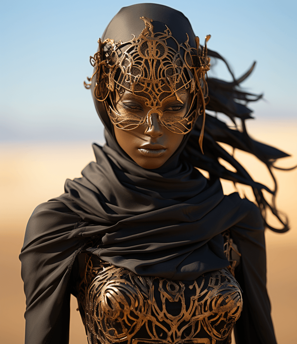 AI generated: burning man desert woman stands in desert standing, in the style of light black and gold, dreamy por...