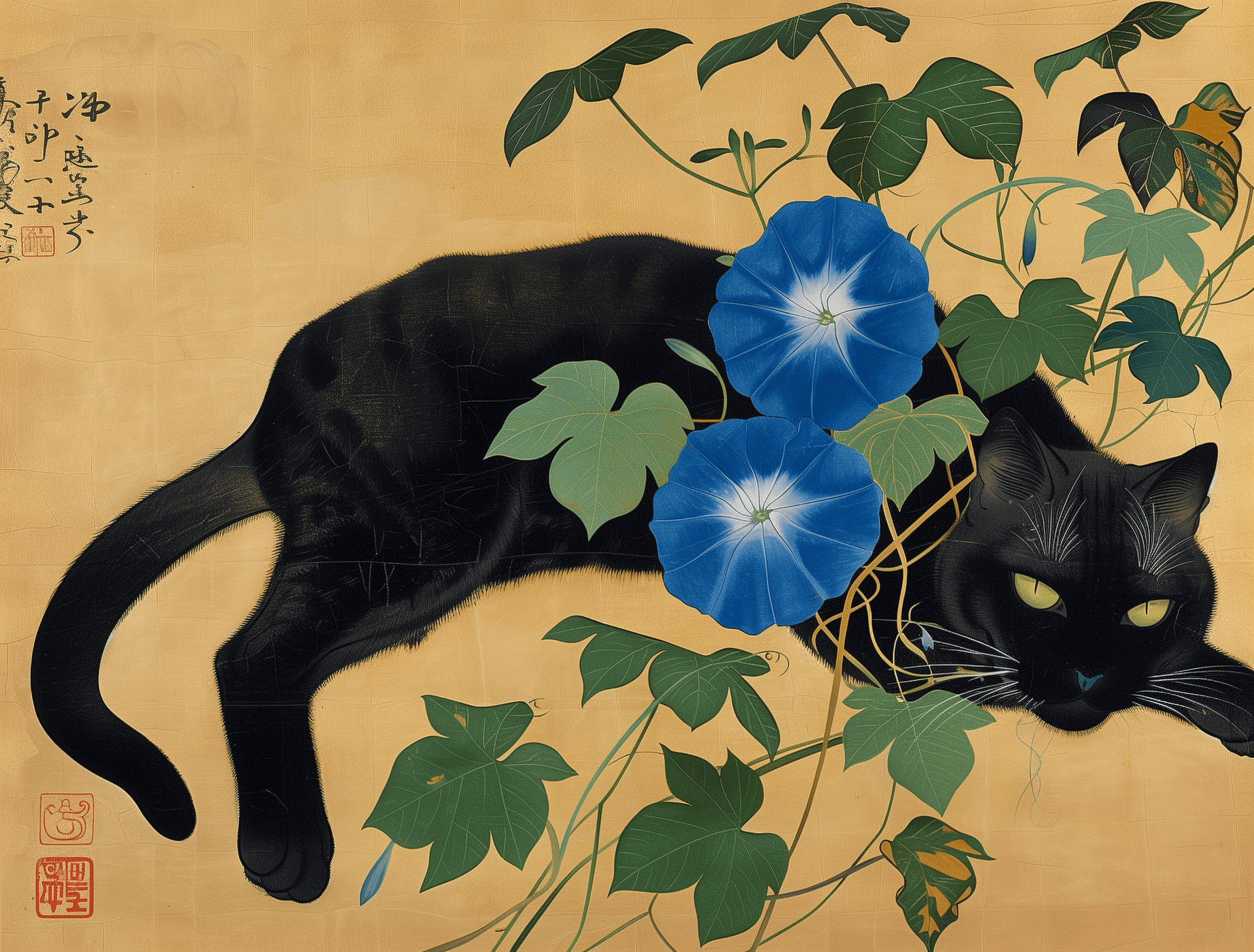 AI generated: A black cat is lying on the ground, with two blue morning glory flowers growing next to it and leave...