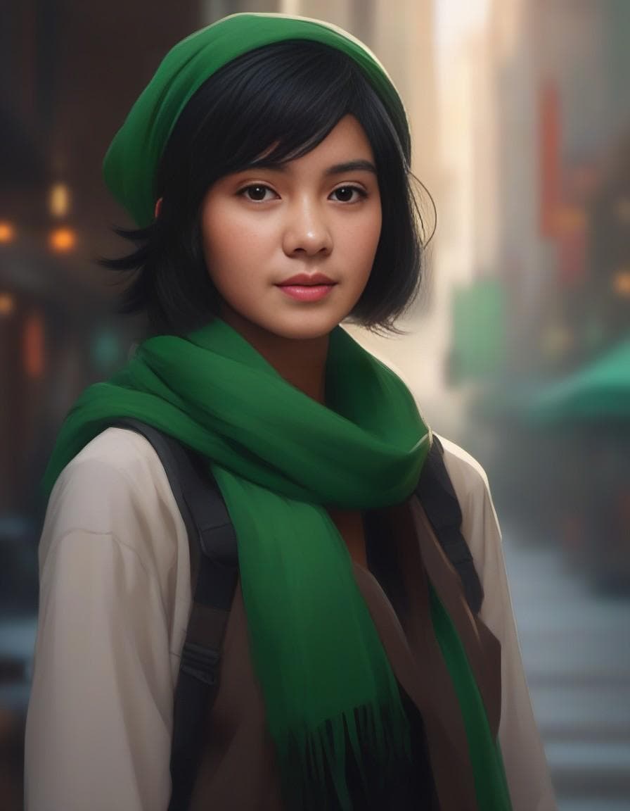 AI generated: a woman with a green scarf around her neck, a character portrait by Sim Sa-jeong, cgsociety, photore...