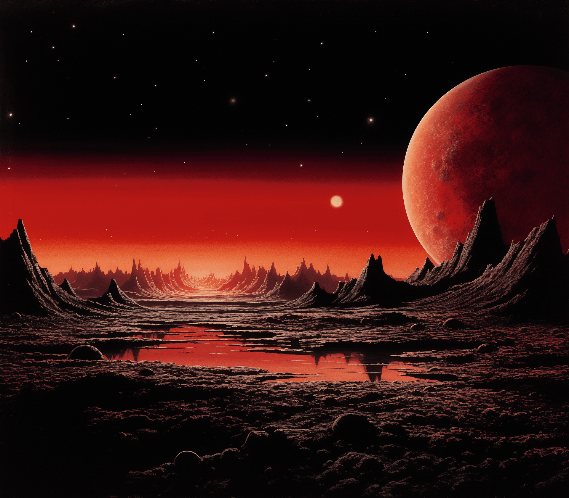 AI generated: lack moon eclipse on the horizon of an alien planet, in the style of Roger Dean and Paul Elson --ar ...