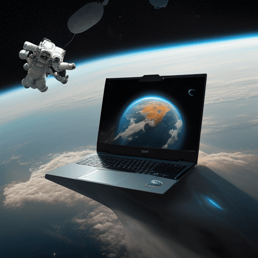 AI generated: A gaming laptop floating in space, drifting along the Milky, realistic, The astronaut 