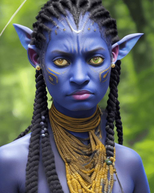AI generated: na'vi woman, blue skin, dark blue stripes, large ears braided hair, beads in hair, large necklace, l...