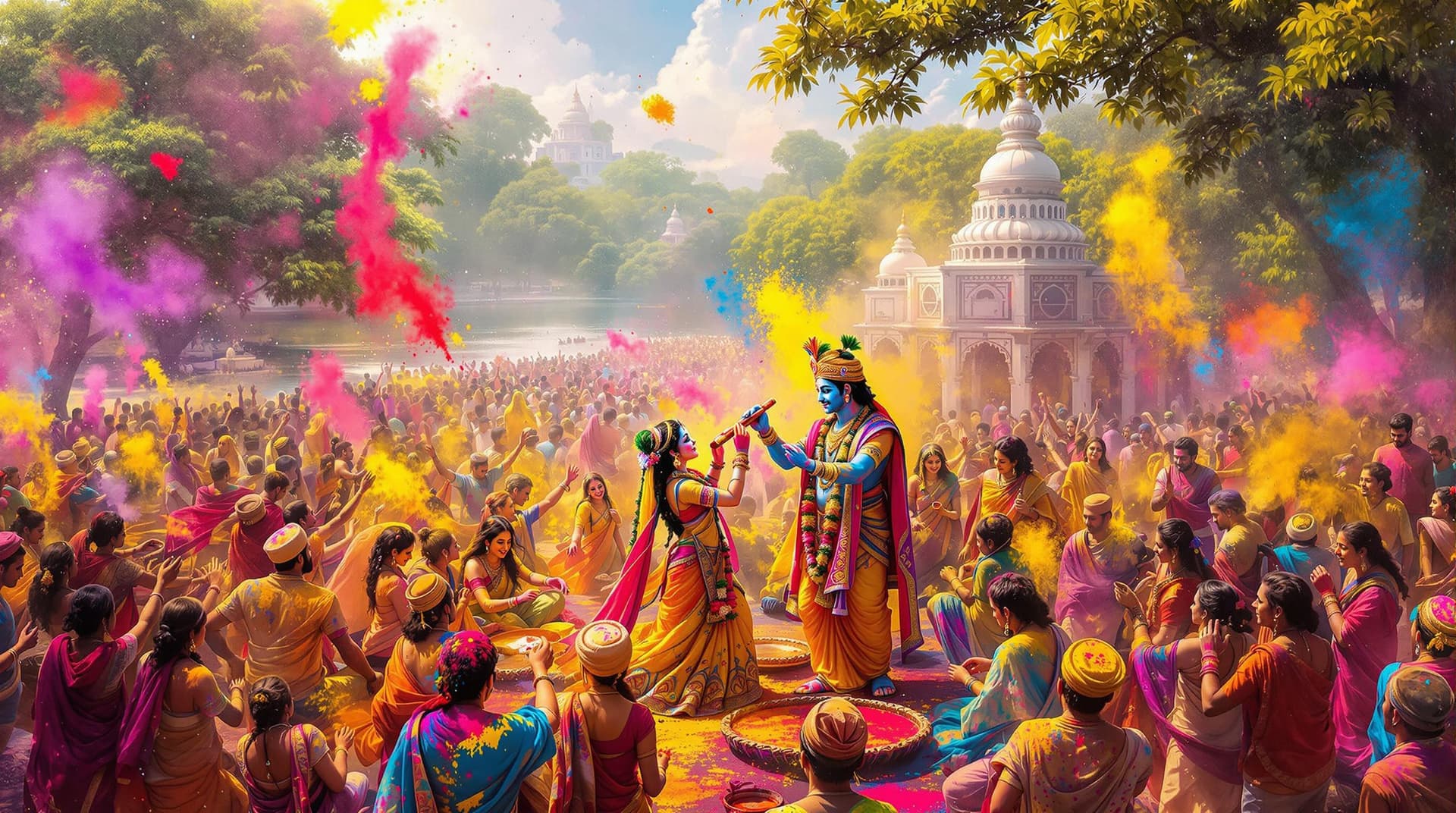AI generated: "A vibrant Holi celebration scene in Vrindavan, colorful powders like gulal and abeer filling the ai...