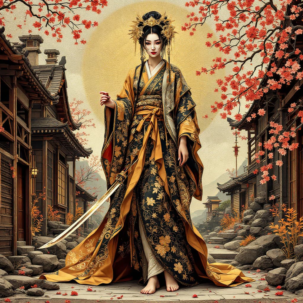 AI generated: Full body view of a geisha-ninja fusion, set in a stylized, destroyed Japanese village. Detailed orn...