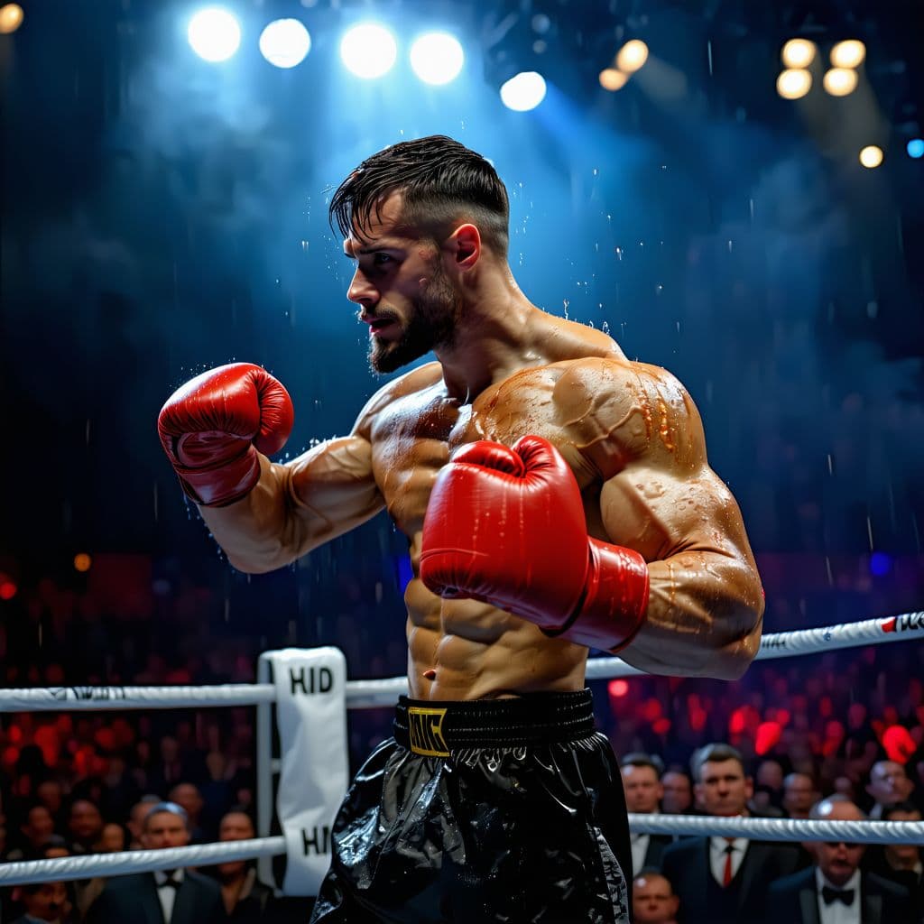 AI generated: A muscular boxer in the ring flexes his chiseled biceps, sweat glistening under intense spotlight. T...