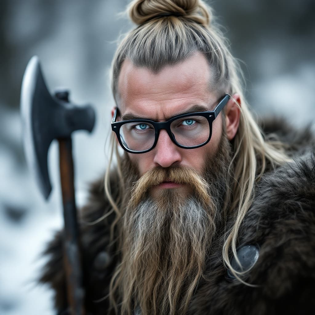 AI generated: Photo of a ultra realistic Viking with sword and axe, long hair gathered in a bun, ash blond hair, l...