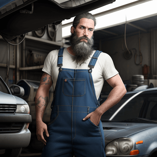 AI generated: car repair shop, man with beard in it, in blue overalls of auto mechanic, car in background, repairi...