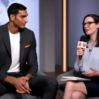 AI generated video: A hyperrealistic video of an interview in a professional TV studio. A tall Indian basketball player,...