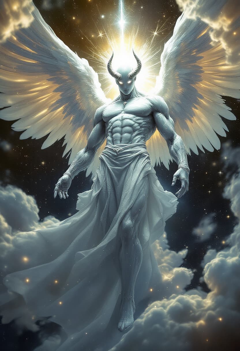 AI generated: God of Angels and Spirits full-body, Etherial, muscular, Glowing white and White eyes, epic, cinemat...