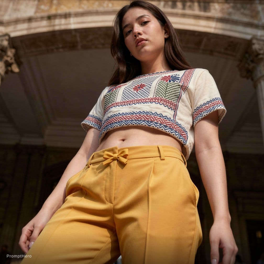 AI generated: photorealistic fashion portrait of a confident young woman standing above the camera, low angle pers...