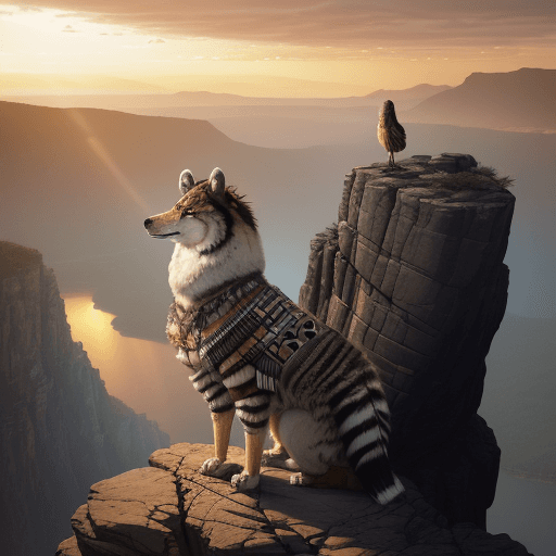 AI generated: An Apache of imposing bearing stands at the top of a rocky cliff, with a background of vast, cloudy ...