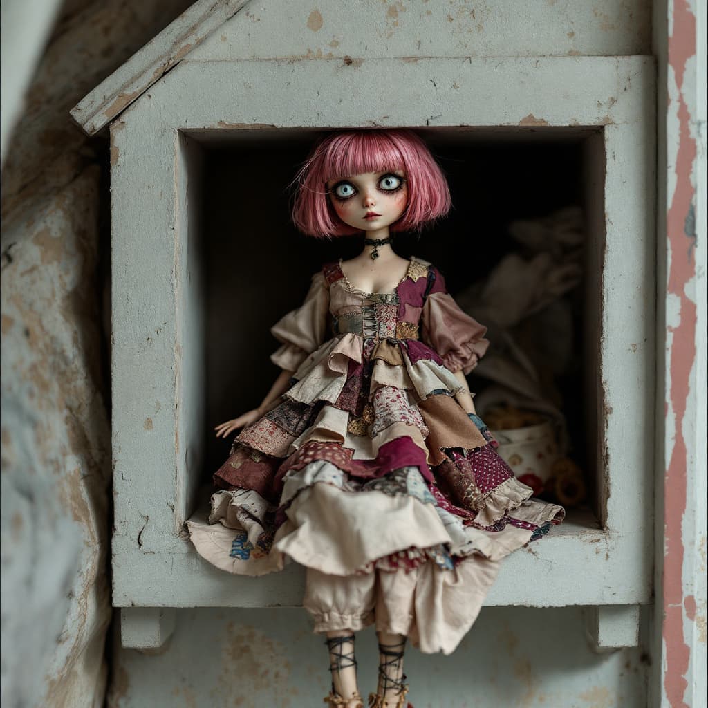 AI generated: in an attic on a shelf a female doll sits on a shelf with a melancholy expression wearing tiered, pa...