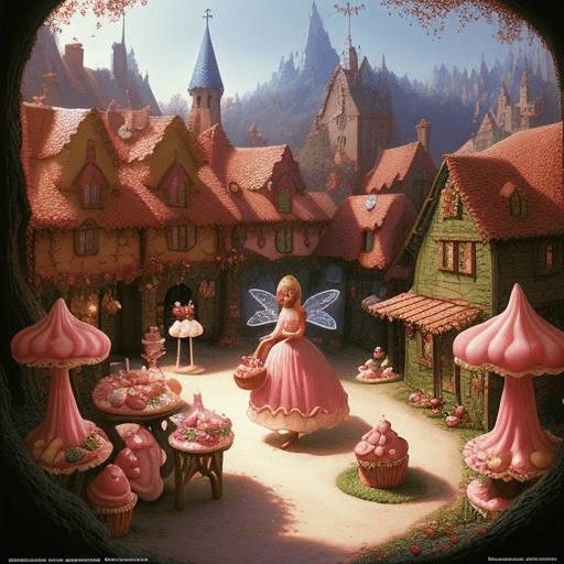 AI generated: fairy in fairytale village made from big strawberries with cream and donuts and birthday cakes, fair...