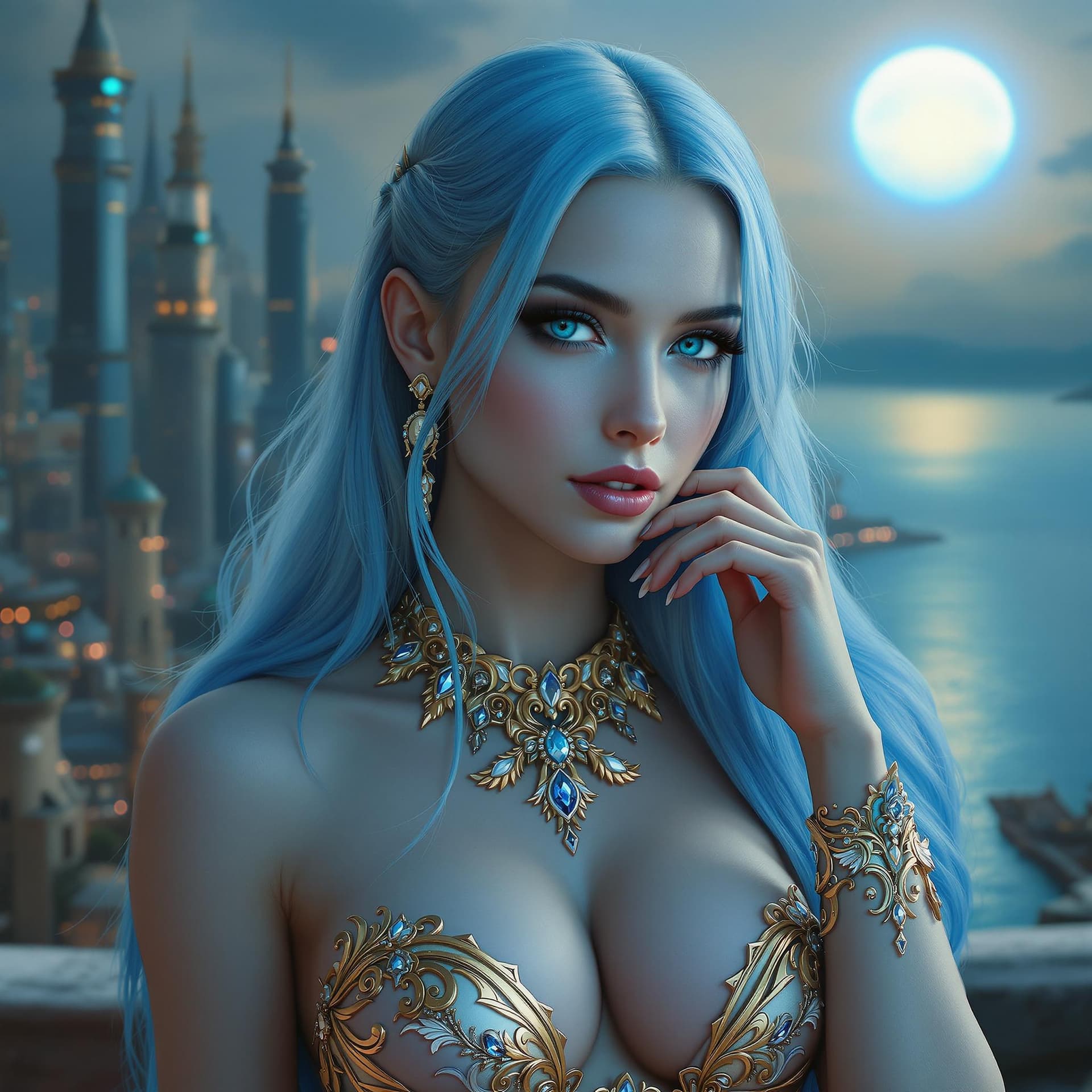 AI generated: a captivating portrait of a woman with an otherworldly aura, boasting striking blue eyes and long, l...