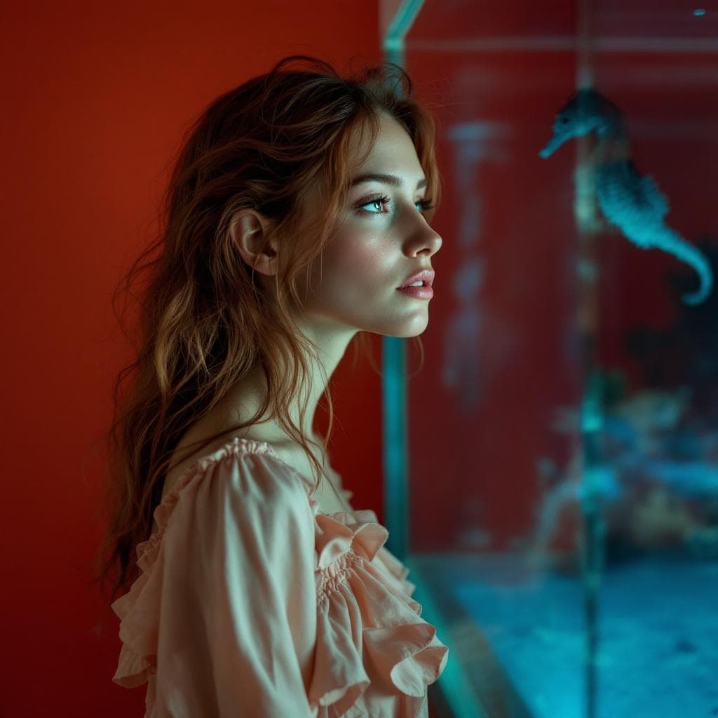 AI generated: Young woman, light-skinned, with auburn hair, in profile view, gazing at a glass aquarium.  Pale pea...