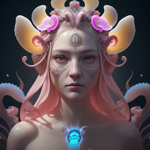 AI generated: Goddess close-up portrait ribcagel. jellyfish phoenix head, nautilus, orchid, skull, betta fish, bio...