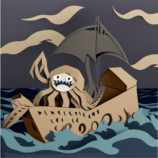 AI generated: kraken cut out of cardboard, handdrawn, in a stormy ocean made out of cardboard
