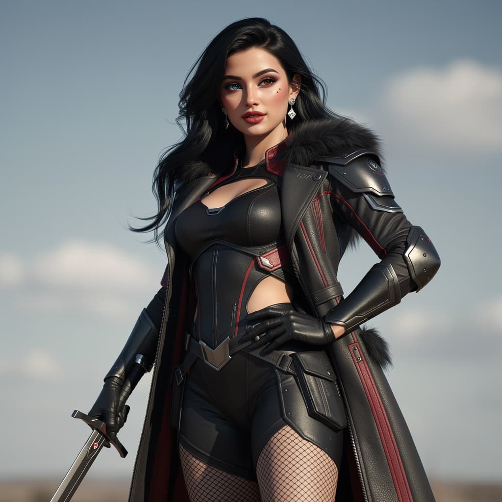 AI generated: 1girl solo breasts fishnets rating:s large_breasts long_hair cleavage rating:q fishnet_legwear black...