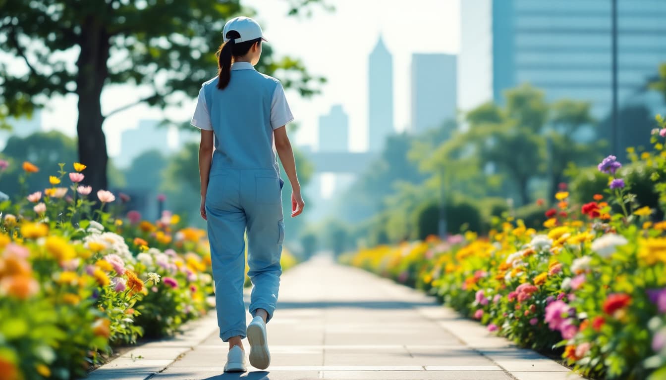 AI generated: A Japanese female worker in her late 20s walking to work along a garden path in the morning. She is ...