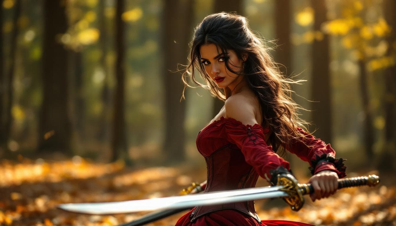 AI generated: woman with dark, flowing hair in a red dress and corset, holding two swords gracefully in a sunlit f...
