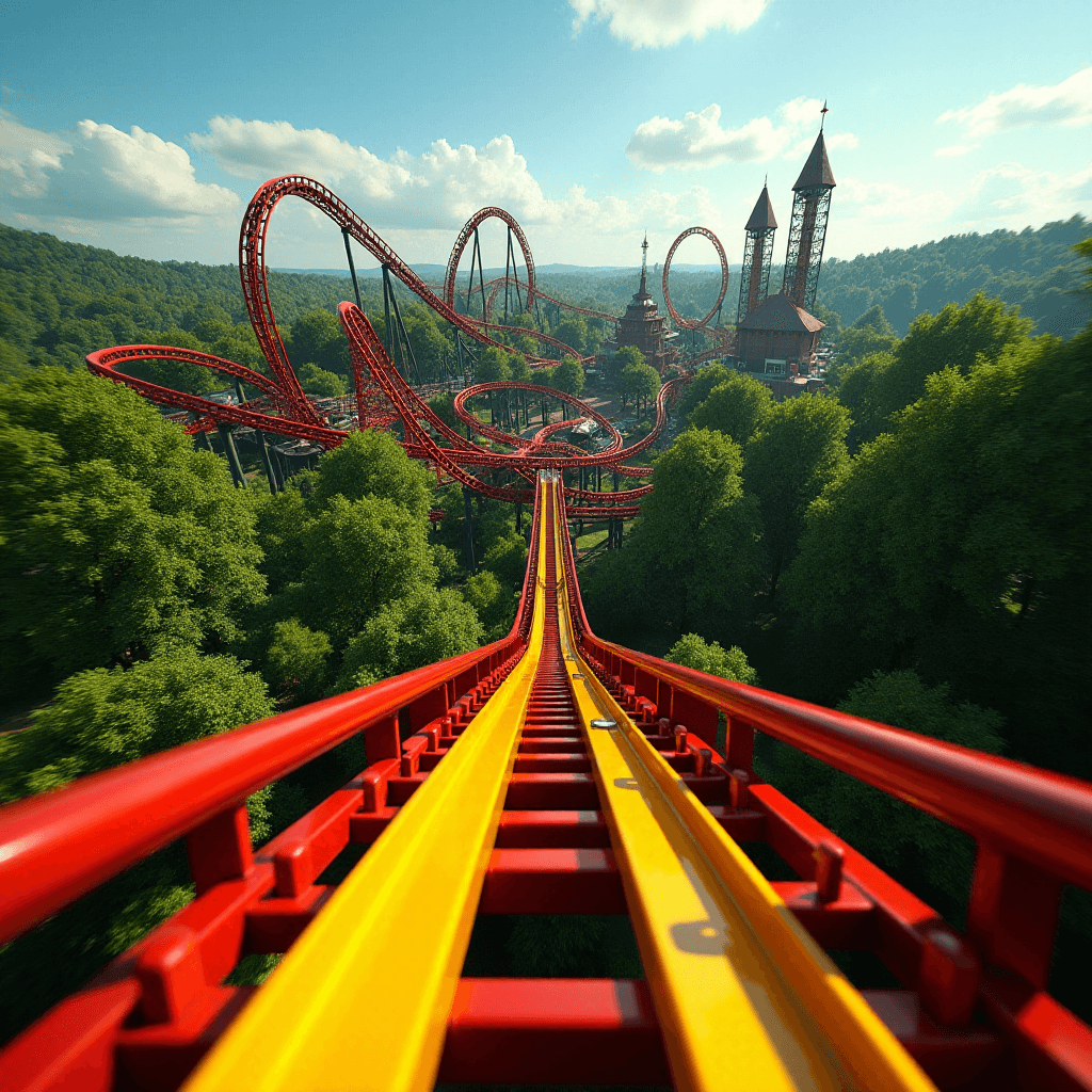AI generated: Photorealistic, ultra-detailed POV shot from the front car of a high-thrill roller coaster as it cre...