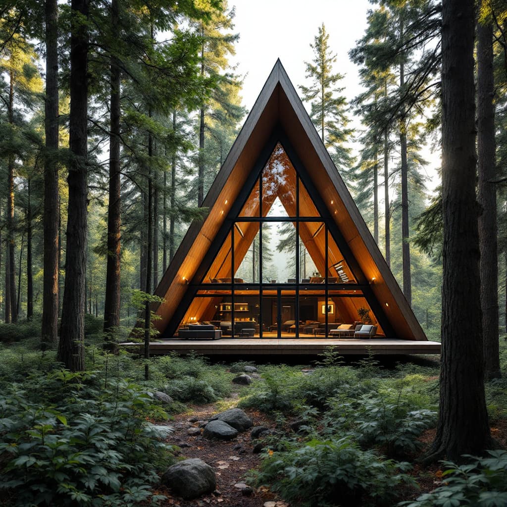 AI generated: imagine a highly detailed image of a futuristic A-frame cabin nestled in a dense forest, showcasing ...