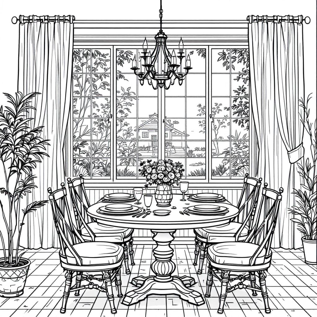 AI generated: Create a high-resolution black-and-white line drawing of a dining room with a view of the garden. In...