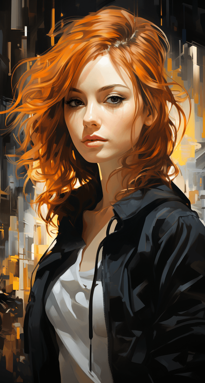 AI generated: a female with red hair in a painting, in the style of alejandro burdisio, fluid dynamic brushwork, d...