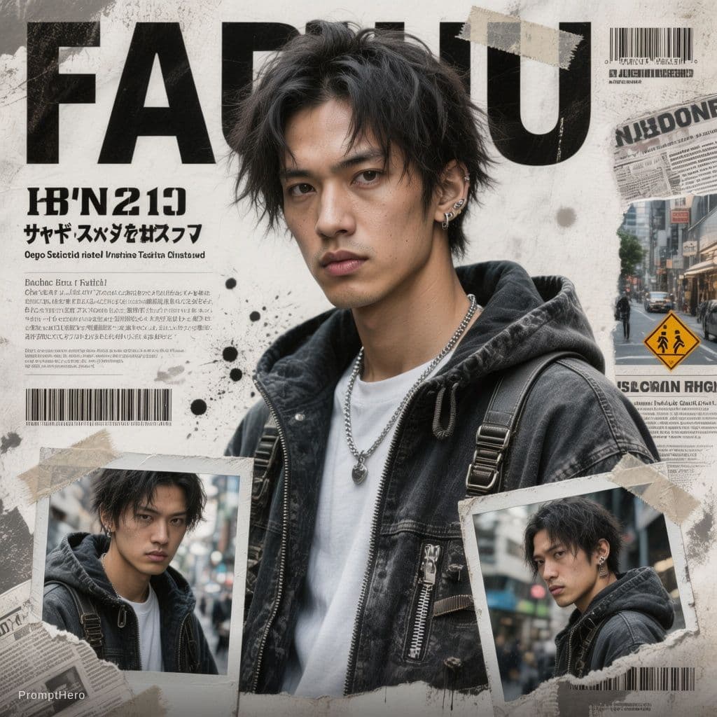 AI generated: Buat poster kolase editorial streetwear Jepang bergaya Y2K yang bold dengan estetika majalah fashion...