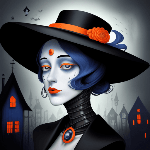 AI generated: a colorful digital artwork of a woman's head wearing a large stylish hat, in the style of haunting h...