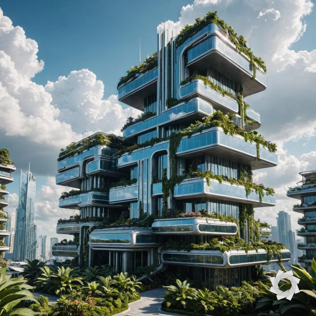 AI generated: futuristic and fantasy building, clouds around it, plants surrounding it, aesthetic and beautiful, u...