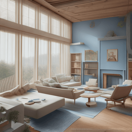 AI generated: High resolution photography interior design, dreamy sunken living room conversation pit, wooden floo...