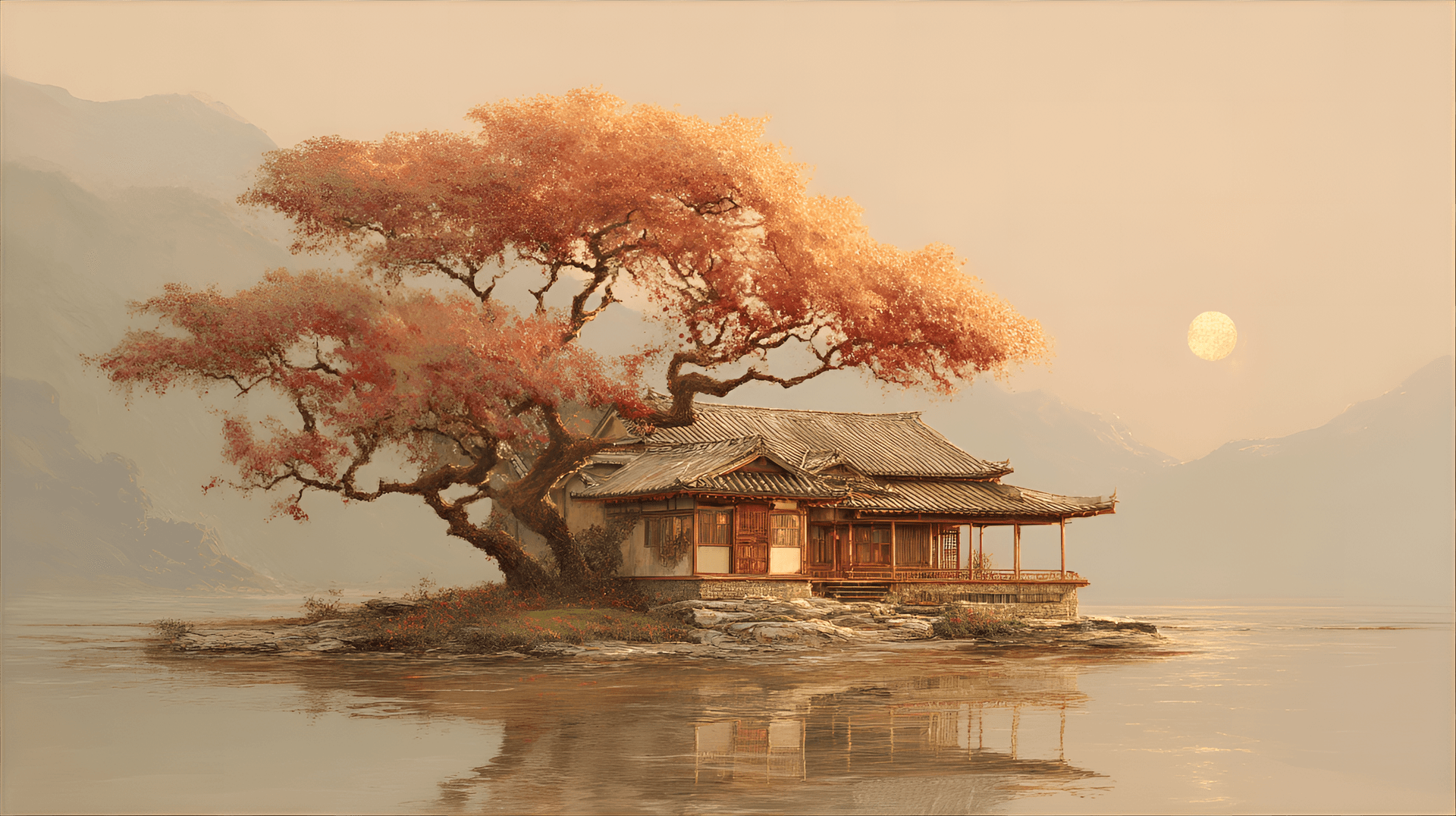 AI generated: the heart of the image is a small island, just large enough to support a traditional wooden house an...