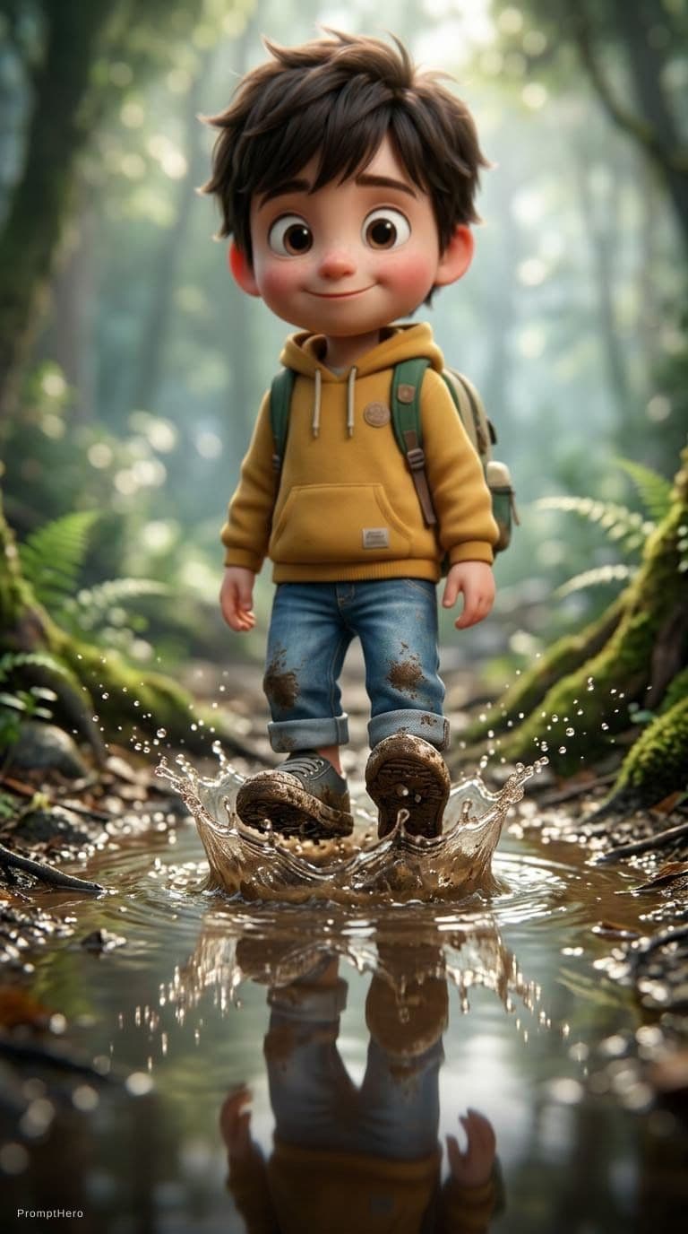 AI generated: Cute stylized 3D little boy standing in a shallow muddy puddle in a misty forest, close-up on boots ...