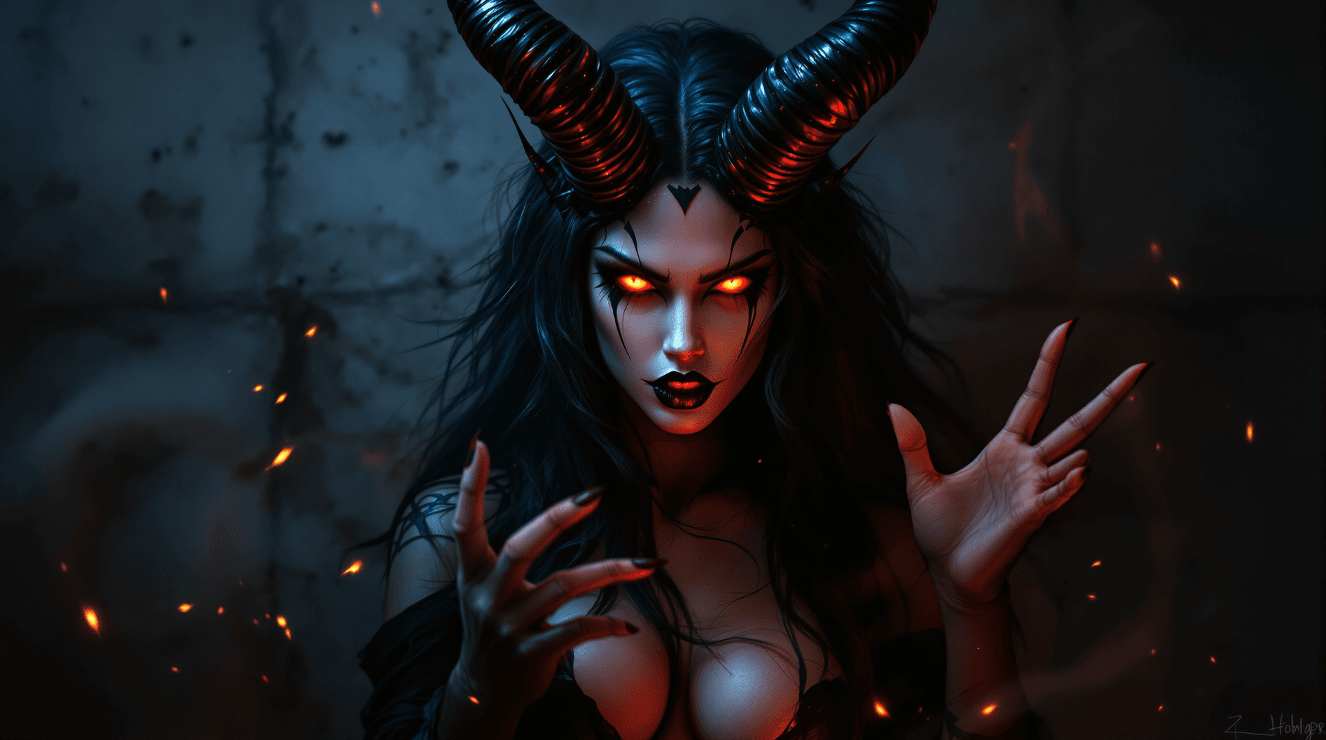 AI generated: fantasy picture: A seductive female demon in a dramatic portrait. Her face has sharp features with g...