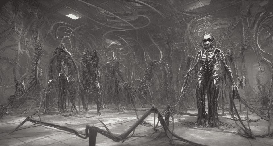 AI generated: occult group of people worshipping to a cybernetic with horns of sharp bones, cable and tubes + octa...