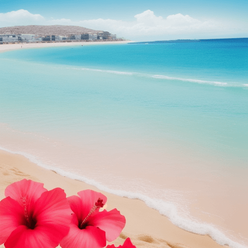 AI generated: primer plano,hibiscus colores diferentes, día, en segundo plano playa transparente arena, nubes, sol...