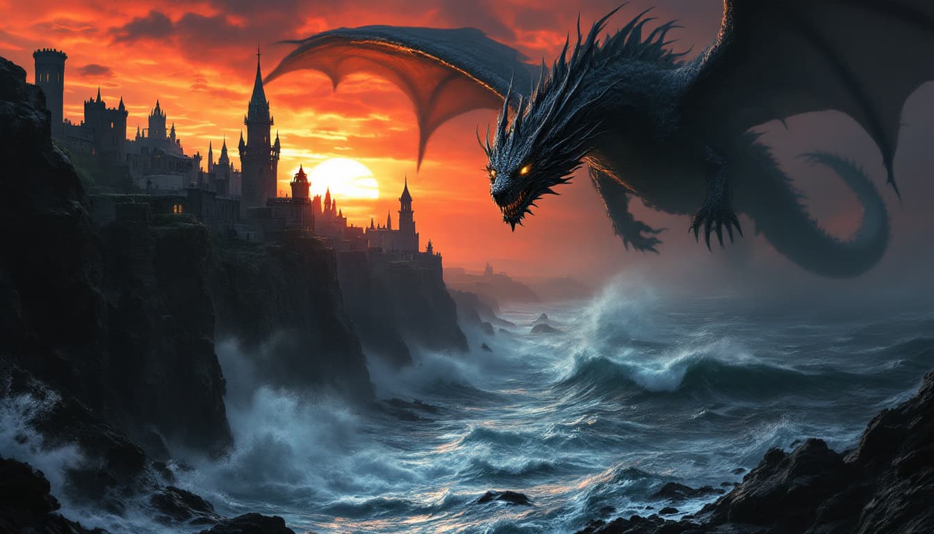 AI generated: A gargantuan dragon with dark, metallic scales and glowing golden eyes flies along a jagged cliffsid...