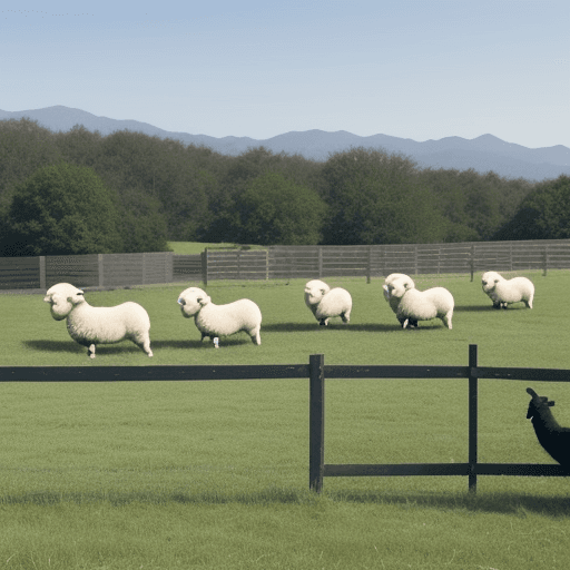 AI generated: several "white sheep" grazing in a green field, in the "background" a "black sheep" jumping over a f...