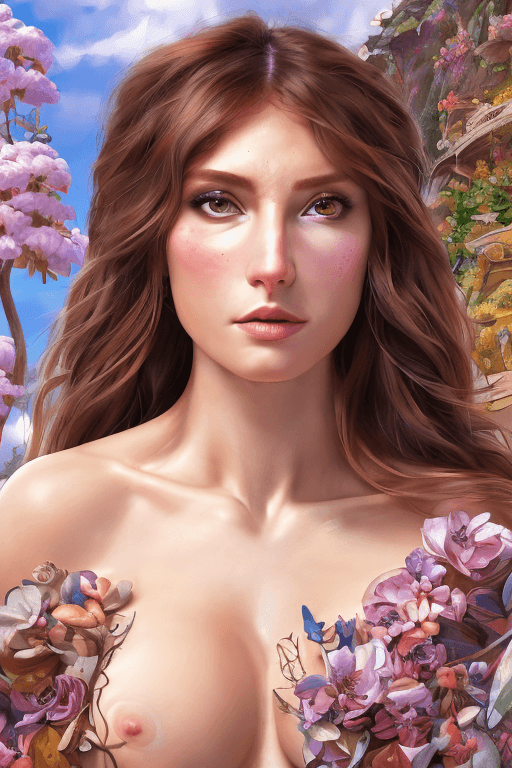 AI generated: full shot of a beautiful MILF, 30 years old, round eyes, long hair, nude bare naked, vibrant colors,...