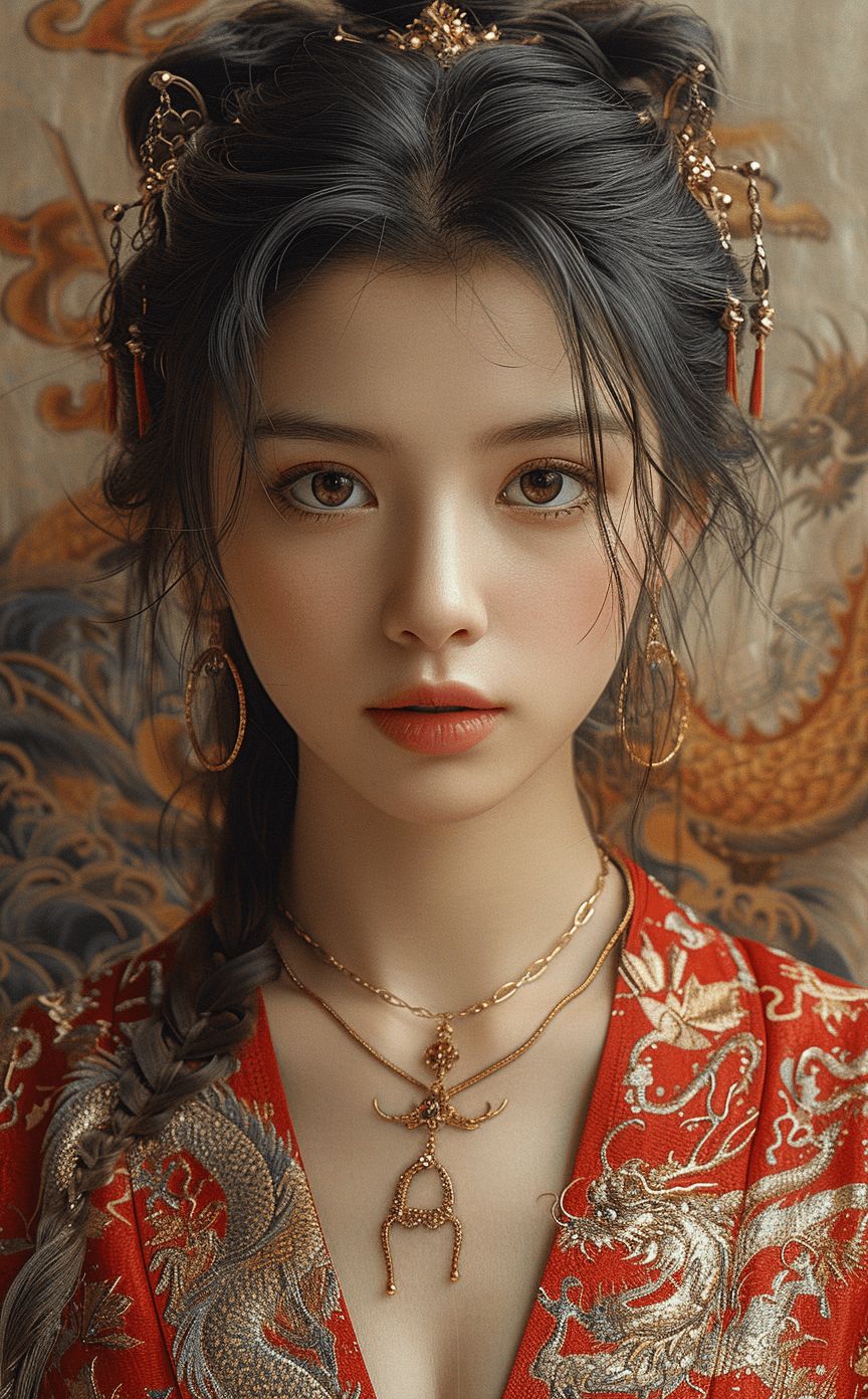 AI generated: beautiful chinese girl, in the style of aykut aydogdu, charming characters, portraitures with hidden...