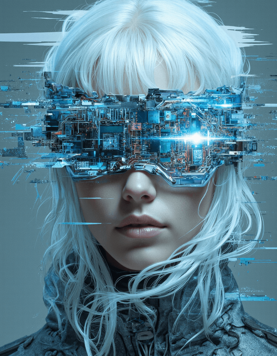 AI generated: A beautiful woman's face partially obscured by a cyberpunk glitch. Ethereal light shines through the...