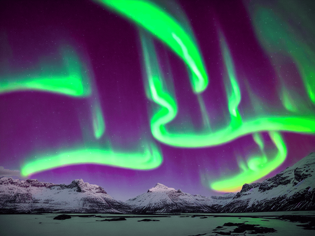 AI generated: A 35mm photography of a highly detailed aurora borealis with snowy mountains in the background, nigh...