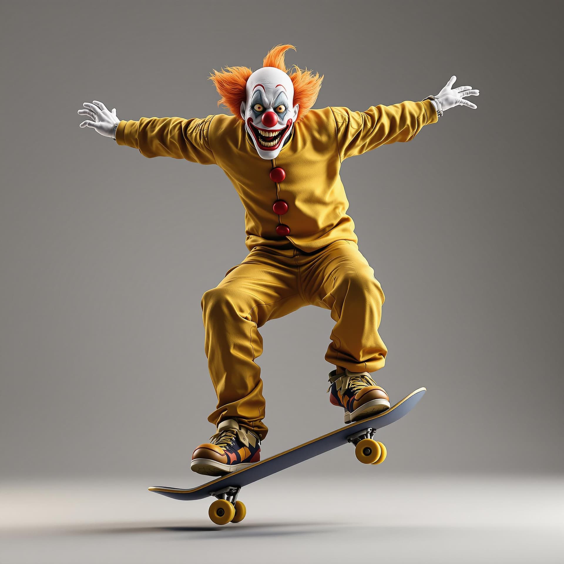 AI generated: Skateboarding clown, Digital rendering, 3D modeling, Contemporary era, High contrast with dark and g...